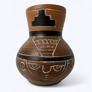 Vintage Signed Armando De Mexico Terra Cotta Vase Art Pottery Aztec Faces 4.5"